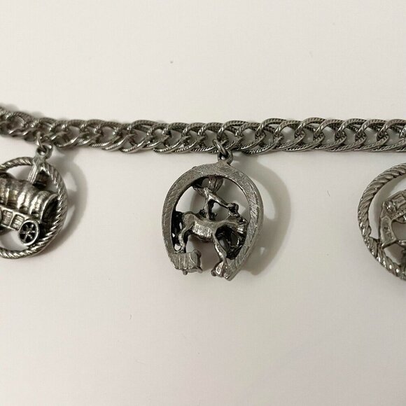 Vintage Western Faux Turquoise Charm Bracelet Cowboy Boots Horse Carriage Flaws - Picture 11 of 16